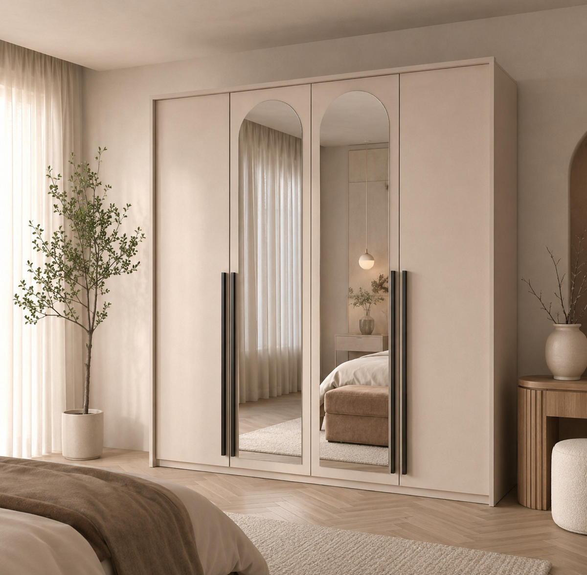 KLEIDERSCHRANK MIT SPIEGEL: Sandbeige / Griffe Silber, 205 x 65 x 217,2 cm - Sandfarben/Silberfarben, Holzwerkstoff (205/217.2/65cm) - 3XE LIVING