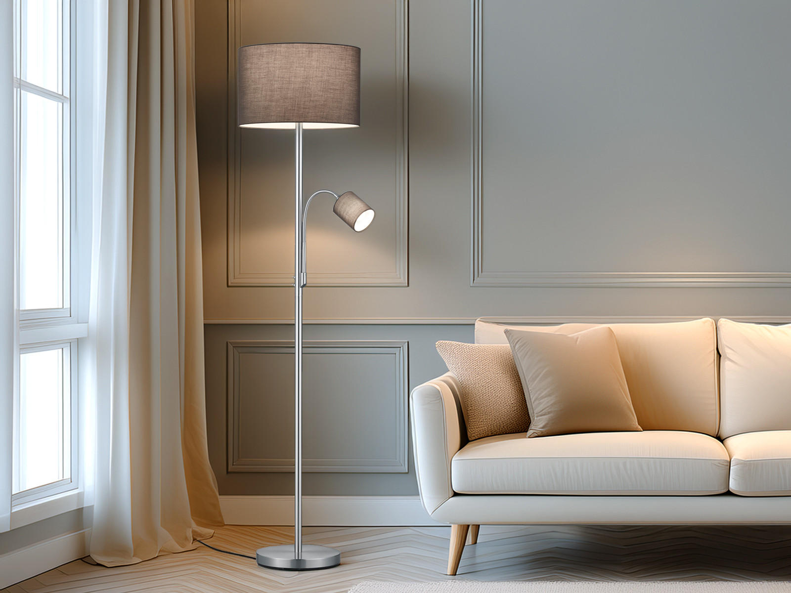 LED-STEHLAMPE Grau Höhe 170cm, mit Leselampe - Grau, Textil (40/40/170cm) - meineWunschleuchte