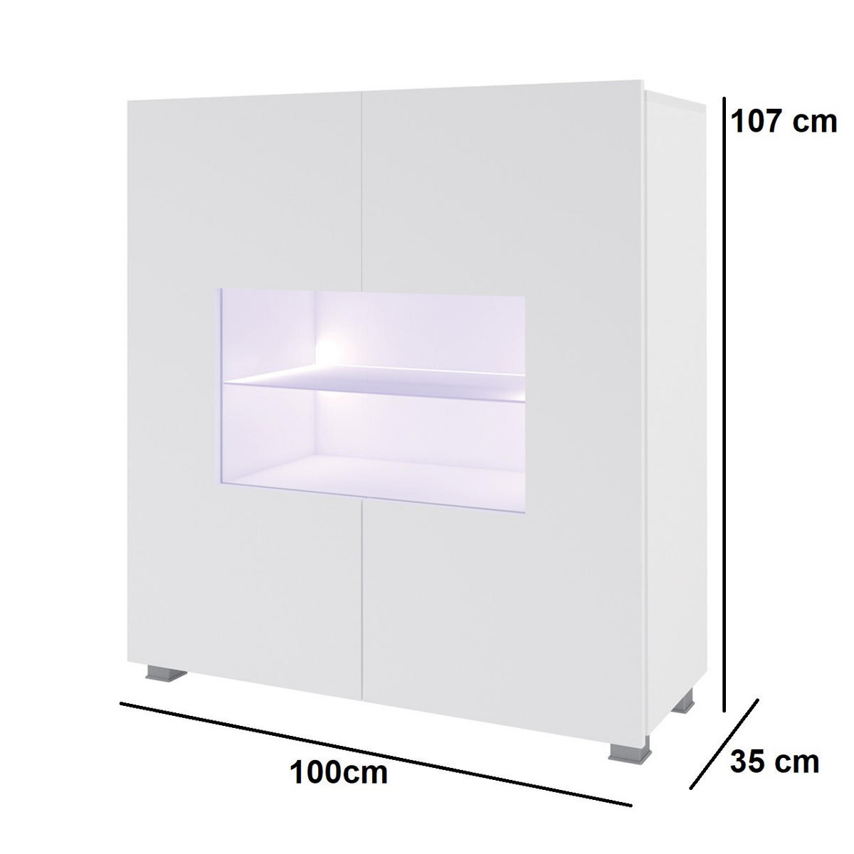 KOMMODE Bird Weiß, zweitürige Kommode, mit LED und Silber Beine - Silberfarben/Weiß, Glas/Holzwerkstoff (100/107/35cm) - Bettso
