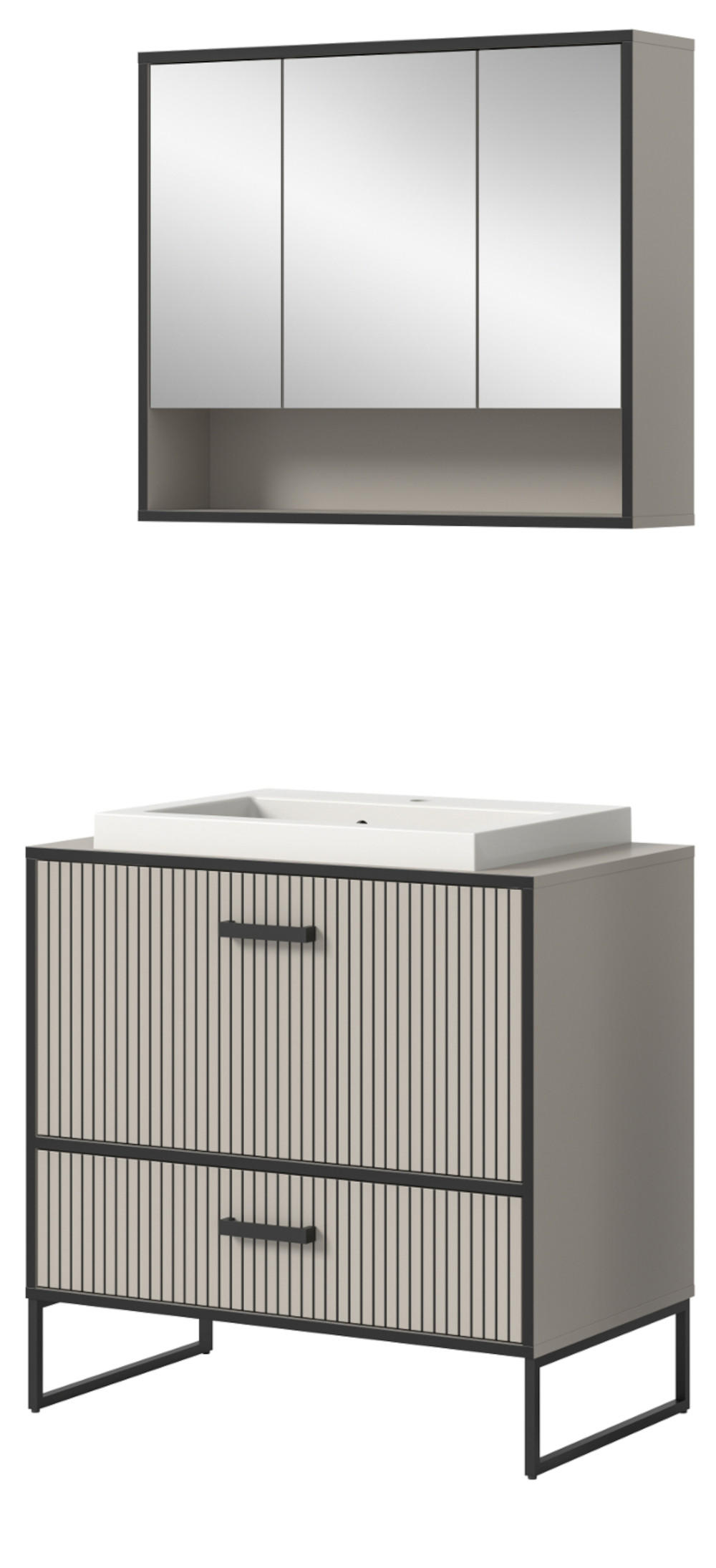 BADMÖBEL-SET schwarz, sand mit Waschbecken 80 cm, Kombination mit Soft-Close - Sandfarben/Schwarz, Glas/Keramik (80/192/48cm) - Inn.Furn