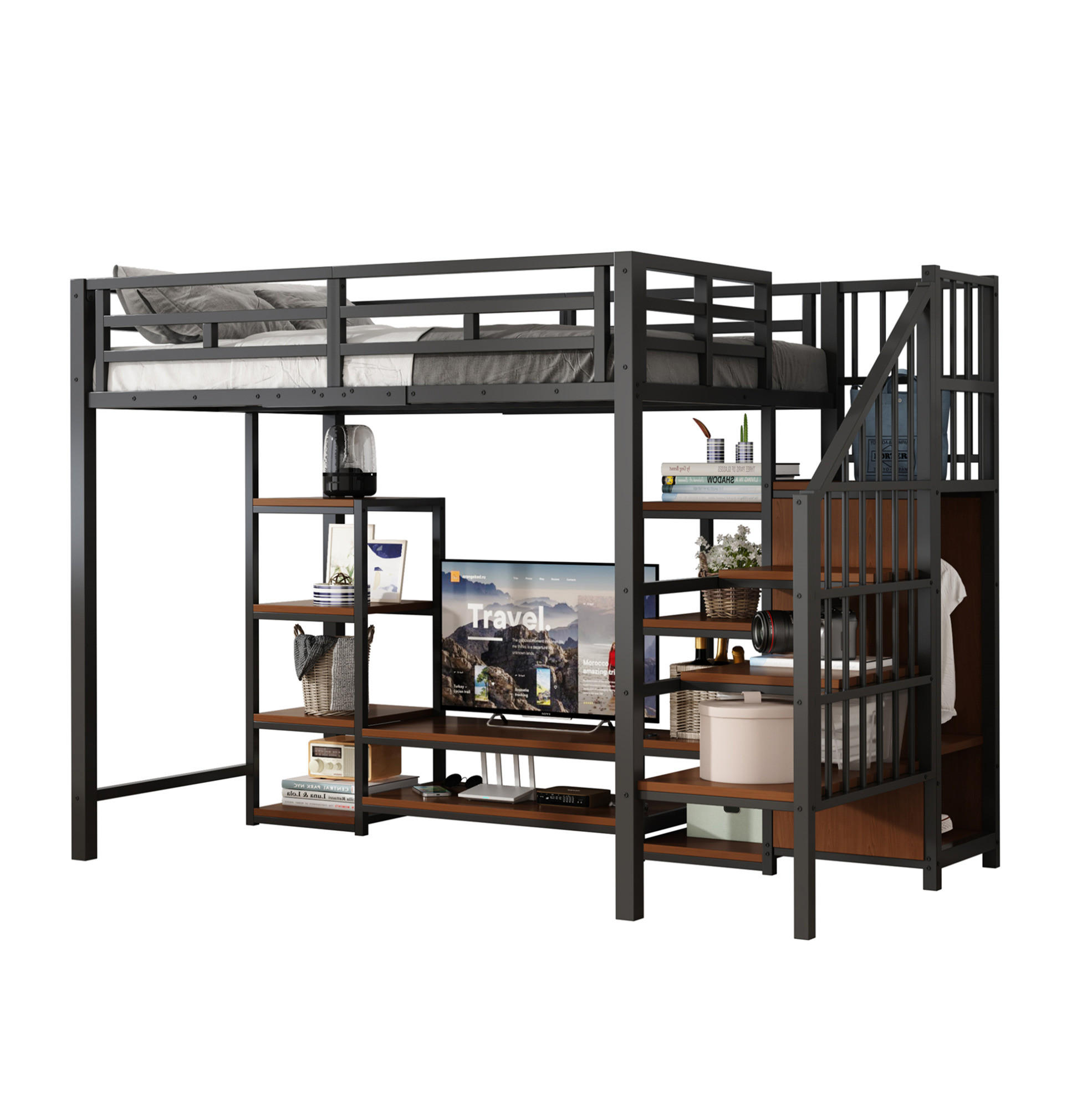 HOCHBETT 90/200 cm Schwarz mit TV-Ständer und Steckdose - Schwarz, Metall (90/200cm) - MIVRAY