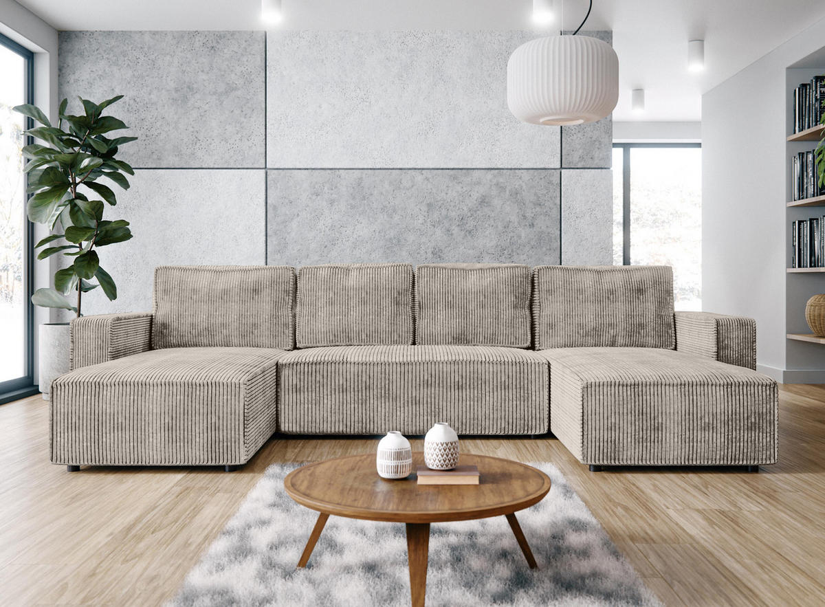 WOHNLANDSCHAFT Aydin U Form Beige 338/169/85 cm Cord mit Schlaffunktion - Beige/Schwarz, Kunststoff/Textil (338/85/169cm) - AX Living