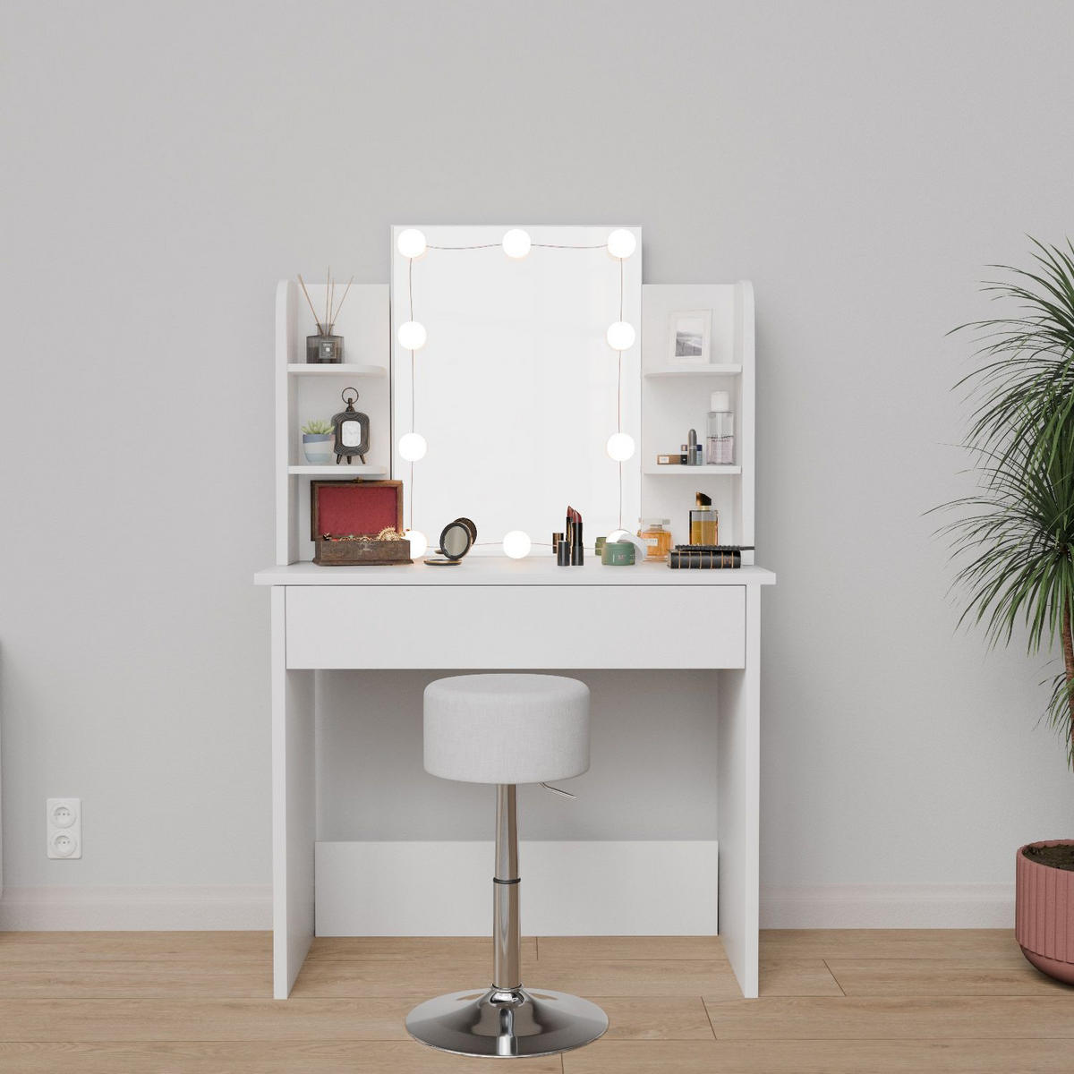 SCHMINKTISCH Zoey LED-Beleuchtung & Hocker Tonia - Weiß, Holz (40/140/90cm) - Juskys
