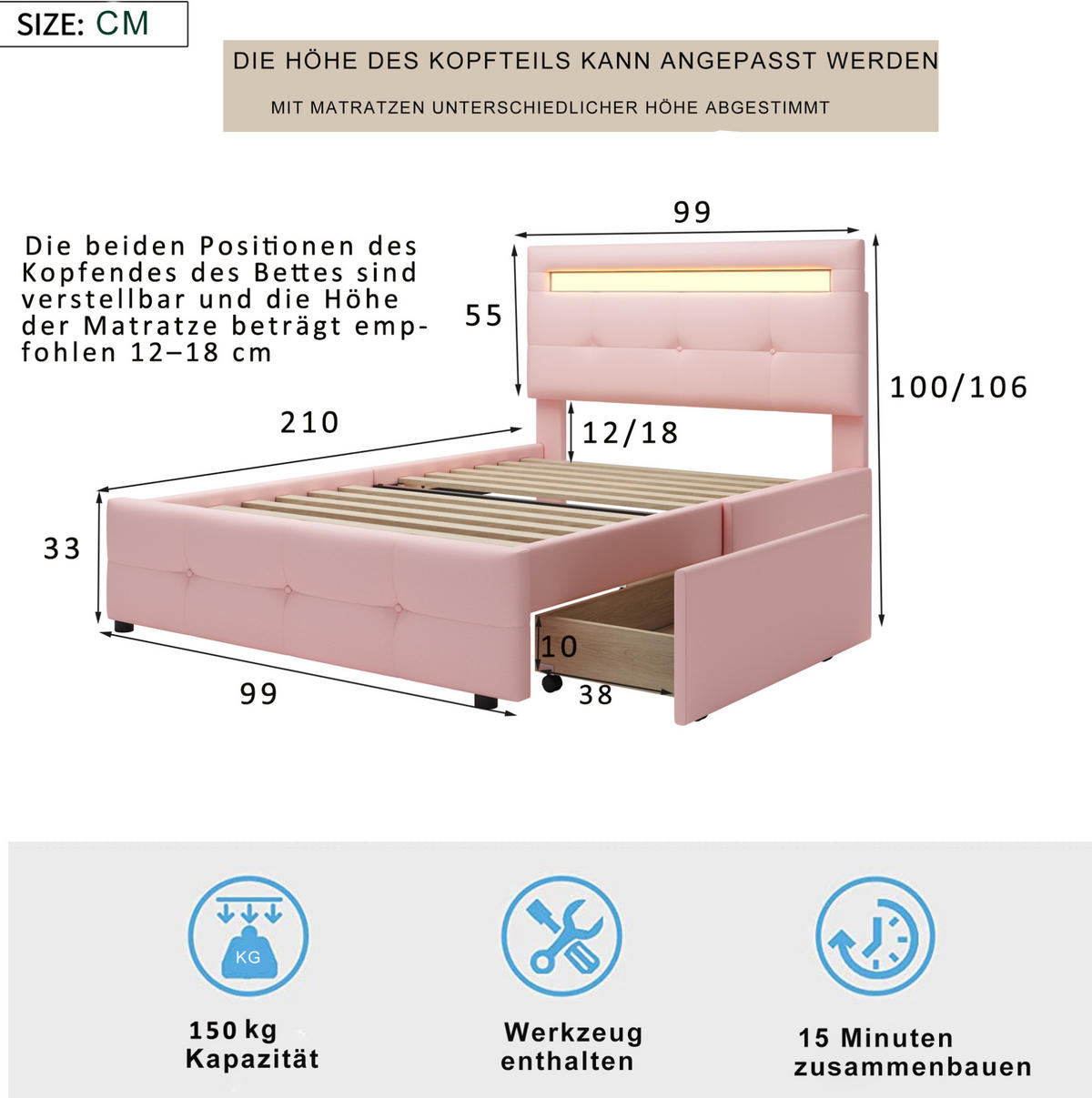 POLSTERBETT 90/200 cm aus Holz mit LED-Beleuchtung und 2 Schubladen Rosa - Pink, Textil (90/200cm) - Modenvie
