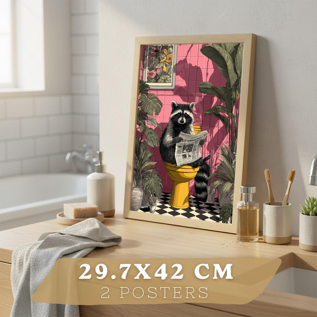 PLAKÁT Sada 2 dekorativní obrazy lišky a mývala Světlý dřevěný rám A3 - béžová, papír (42/29.7/3cm) - Nacnic