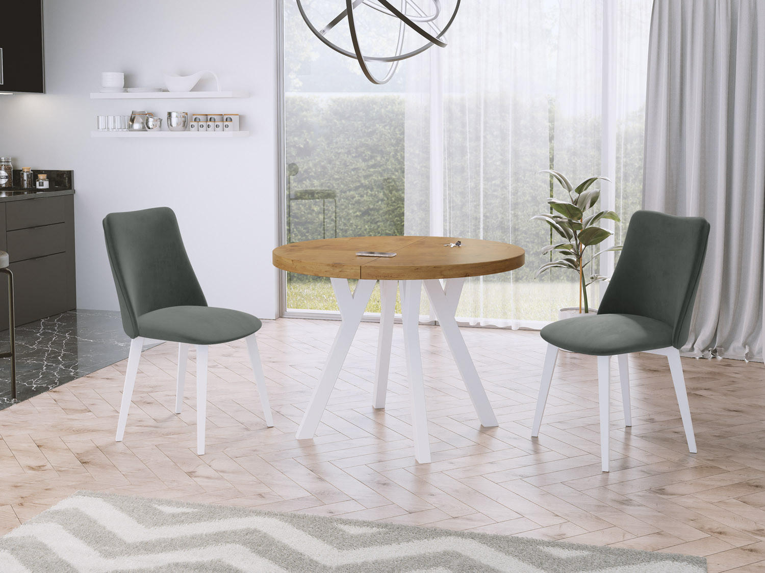 ESSTISCH Twixy runder ausziehbarer, Lancelot Eiche 90-170/90/76 cm - Eichefarben/Weiß, Holz/Holzwerkstoff (90/90/76cm) - WFL GROUP