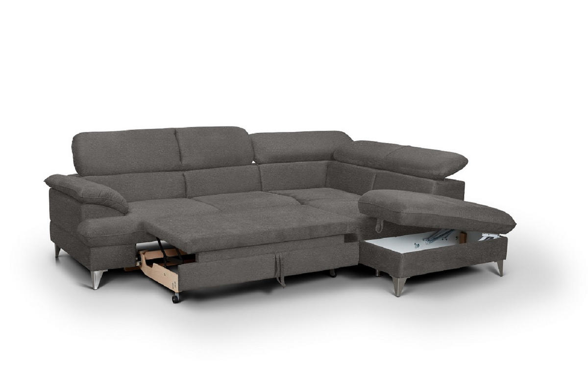ECKSOFA mit Schlaffunktion und Bettkasten, verstellbare Kopfstützen - Chromfarben/Anthrazit, Textil/Metall (208/256cm) - Cotta