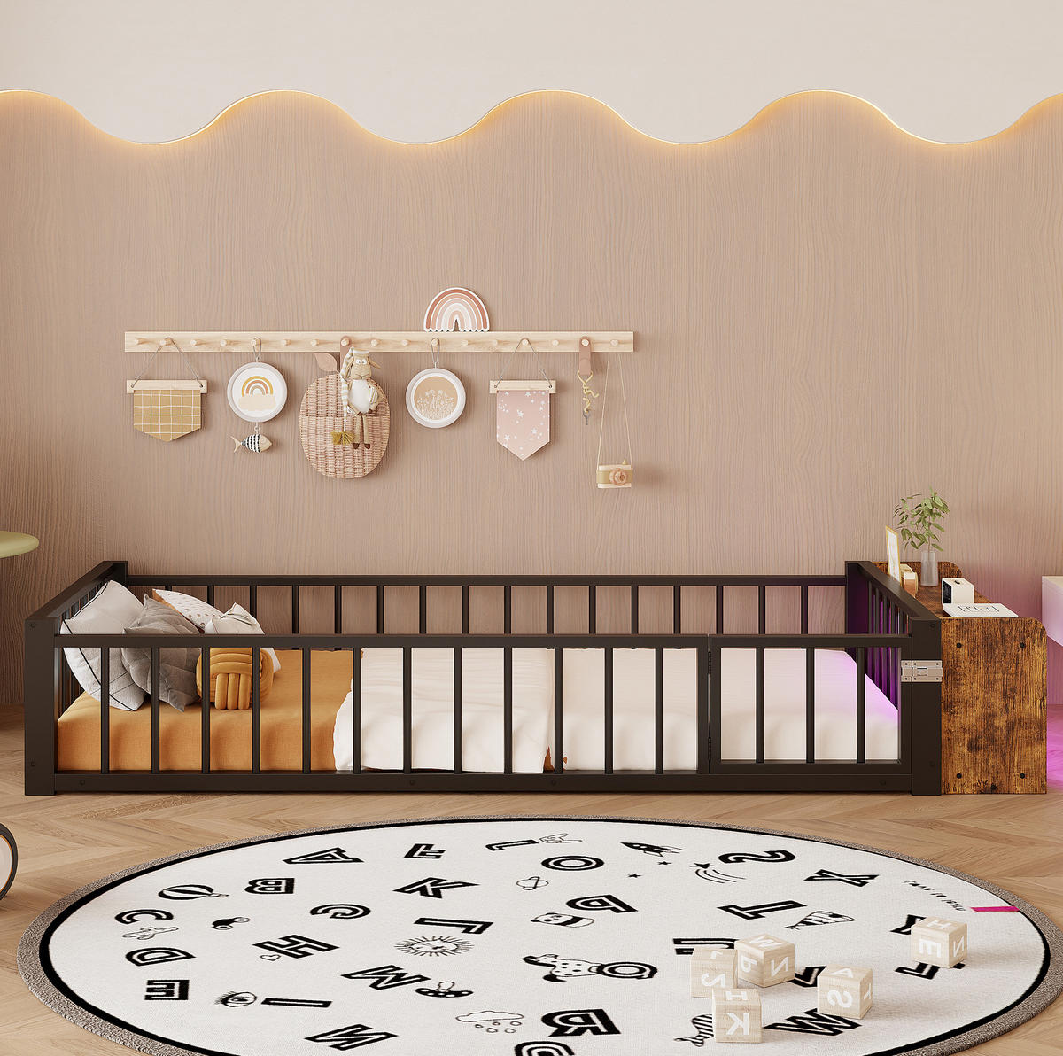KINDERBETT aus Metall und MDF 90x200 cm Schwarz mit Schutzgeländer, offenem Staufach und LED-Beleuchtung - Schwarz, Holzwerkstoff (90/200cm) - Modfu