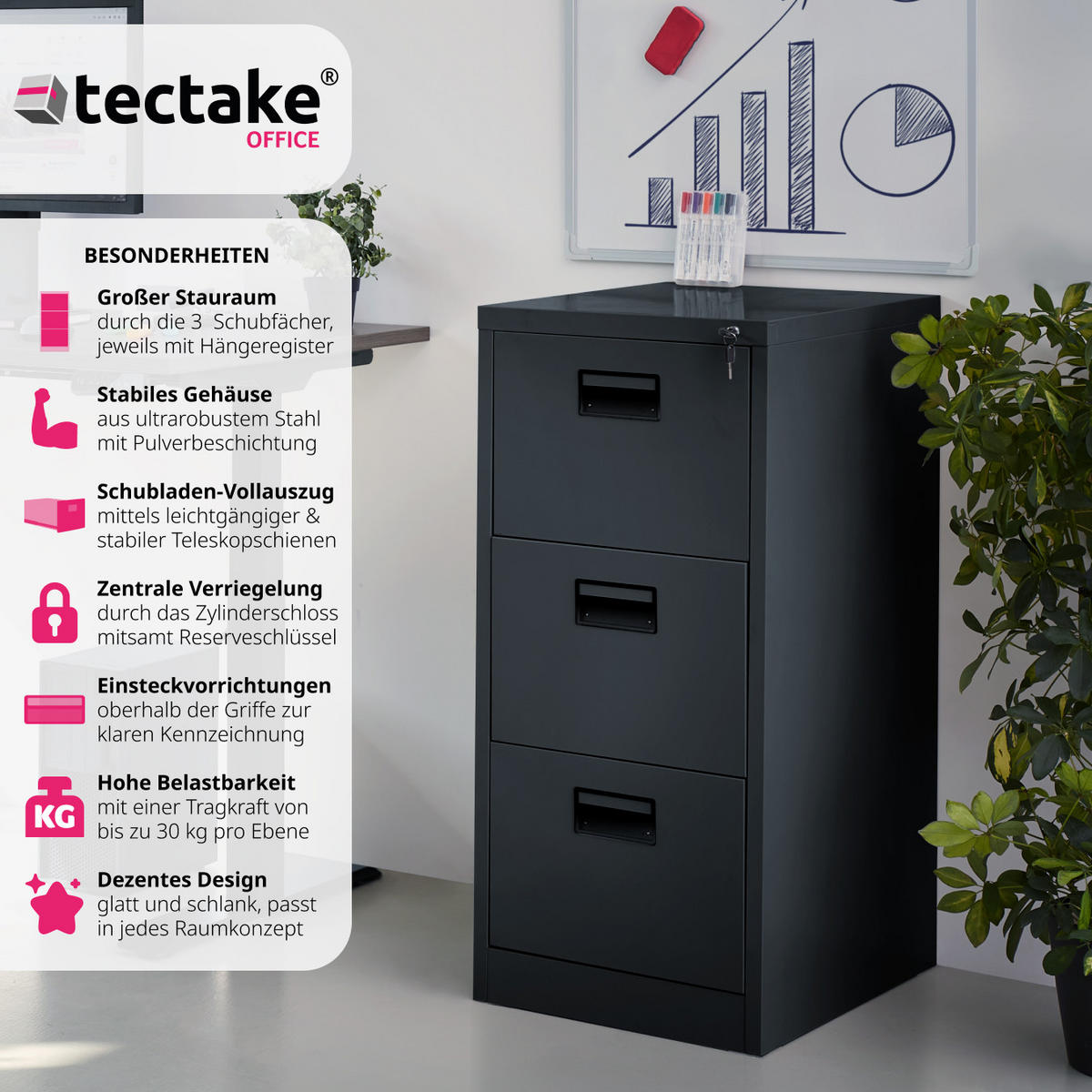 AKTENSCHRANK ,62,4 x 46 x 102,8 cm,schwarz - Schwarz, Metall (46/102.8/62.4cm) - tectake