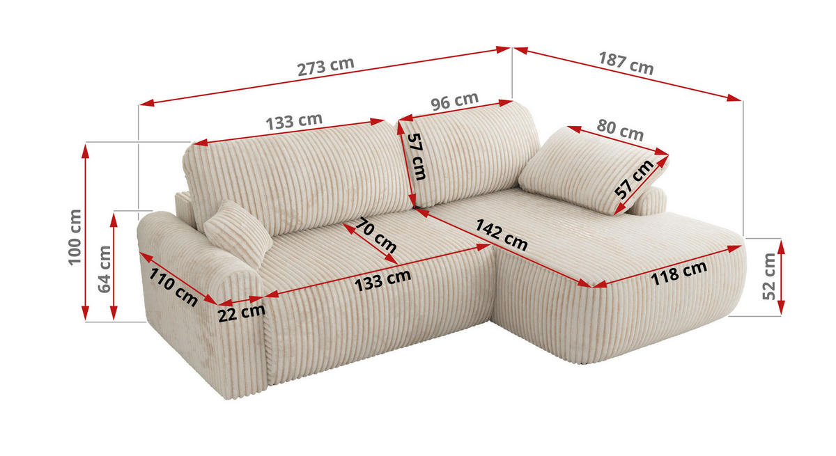 ECKSCHLAFSOFA CUBO L Creme Cord - links - Creme/Schwarz, Kunststoff/Textil (273/187cm) - MKS