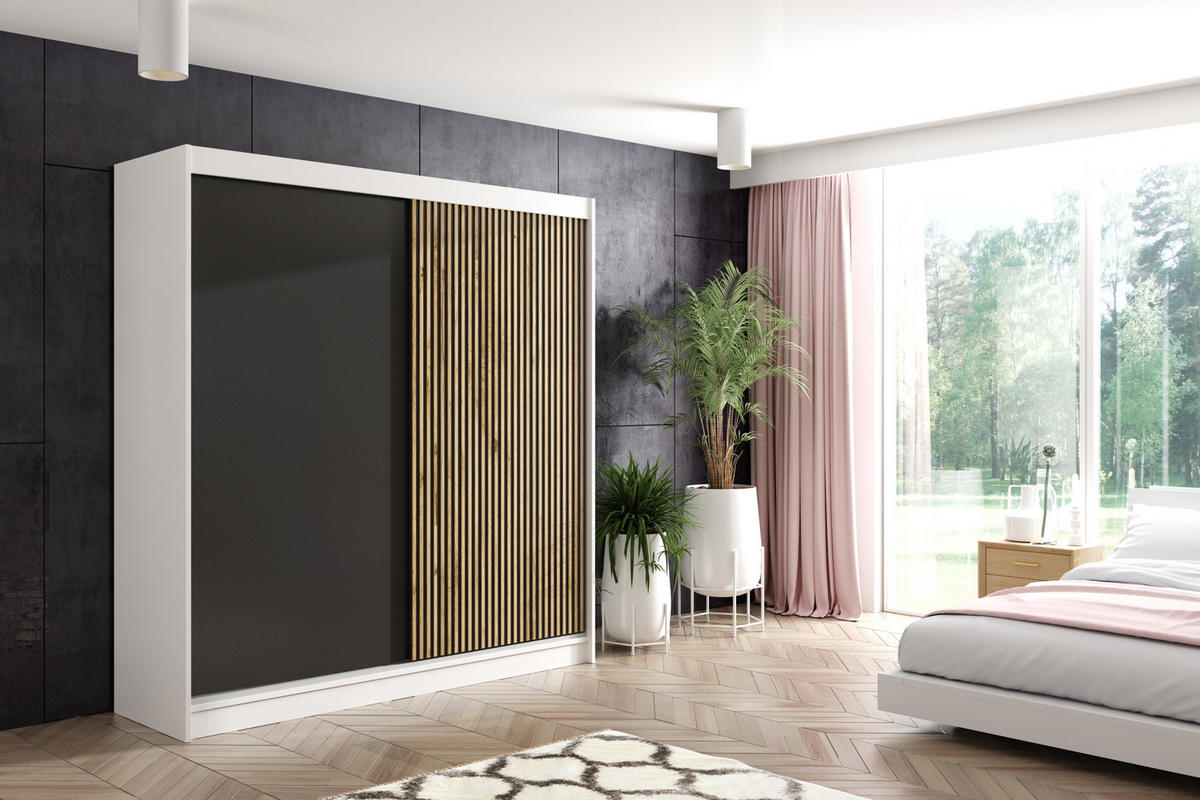 KLEIDERSCHRANK VILAN mit Lamel/LED - 200 cm - Weiß|Eiche Wotan - Eiche Wotan/Weiß, Holzwerkstoff (200/215/61cm) - ALTDECOR