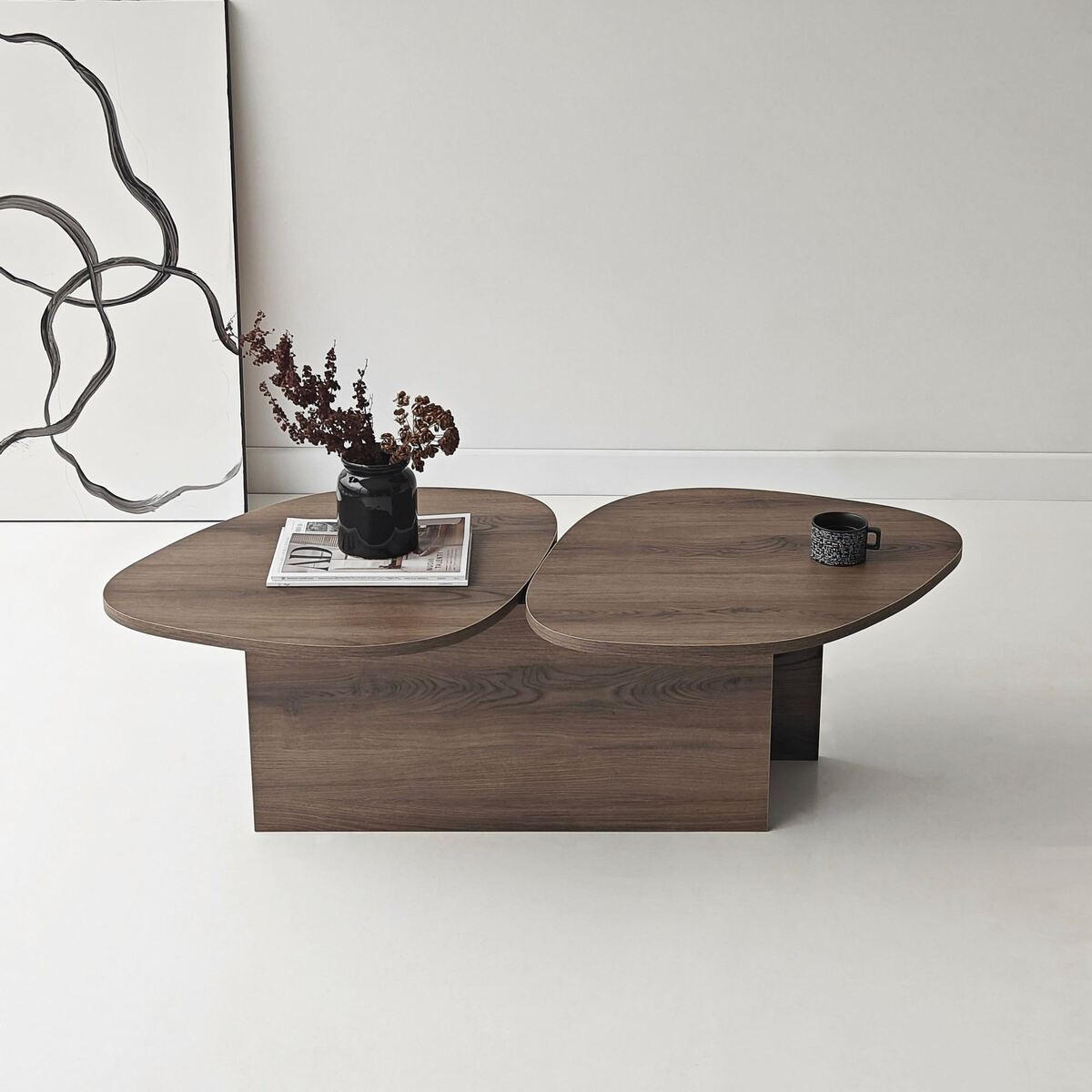 COUCHTISCH mit doppelter Platte in organischer Form 125/60/38 cm - Naturfarben, Holzwerkstoff (125/60/38cm) - Calicosy