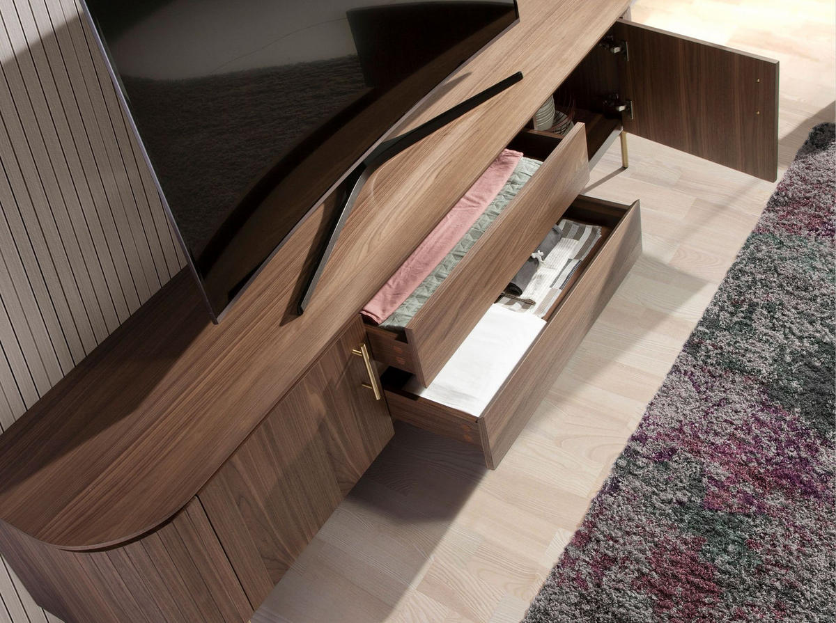 TV-ELEMENT TV-Ständer Nussbaum und polierter Goldstahl 220/45/55 cm - Goldfarben/Schwarz, Holz (220/55/45cm) - ANGEL CERDA