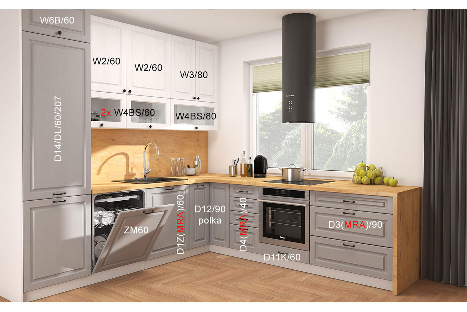 WINKELKÜCHE Elbing grey stone matt / weiß matt 14-teilig mit Teilauszug (Blum Metabox) - Weiß/Grau, Holzwerkstoff/Metall (270/243/280cm) - Feldmann-Wohnen