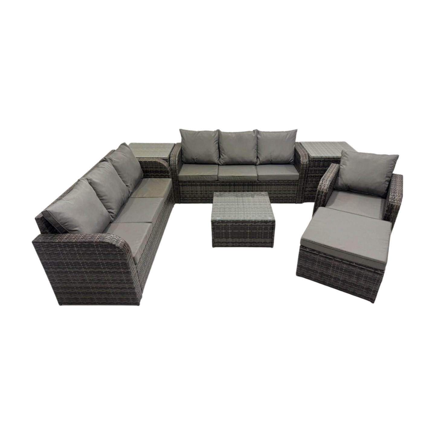 GARTENMÖBEL SET mit 3-SITZER SOFA Polyrattan Dunkelgrau 8-Sitzer - Dunkelgrau/Grau, Glas/Kunststoff - Fimous