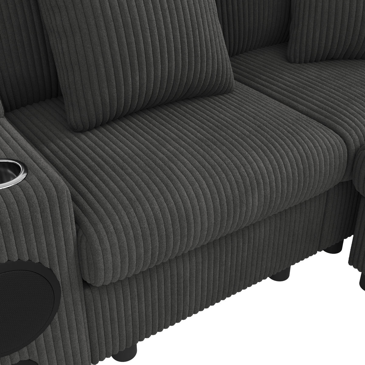 WOHNLANDSCHAFT Cord Grau mit Stauraum, Bluetooth, USB, Type-C und Getränkehaltern - Grau, Holzwerkstoff/Kunststoff (315.5/84.5/144cm) - WISHDOR