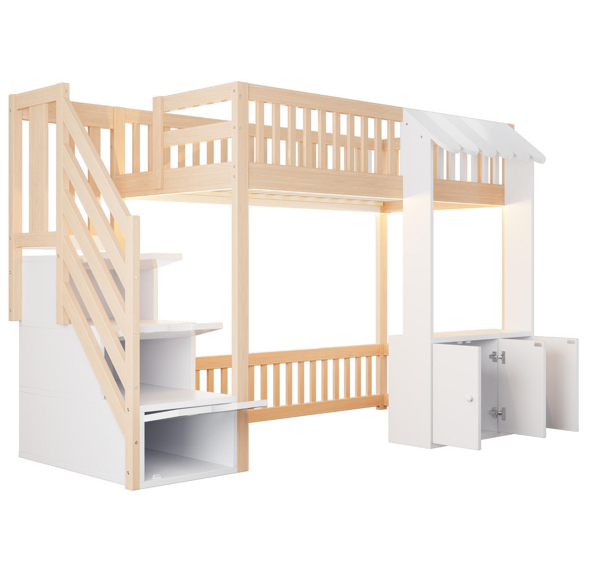 HOCHBETT aus Kiefernholz, Sperrholz und MDF 90x200 cm Holzfarbe mit Stauraumtreppe, LED-Lichtleiste und Stauraum - Naturfarben, Holz (90/200cm) - Modfu