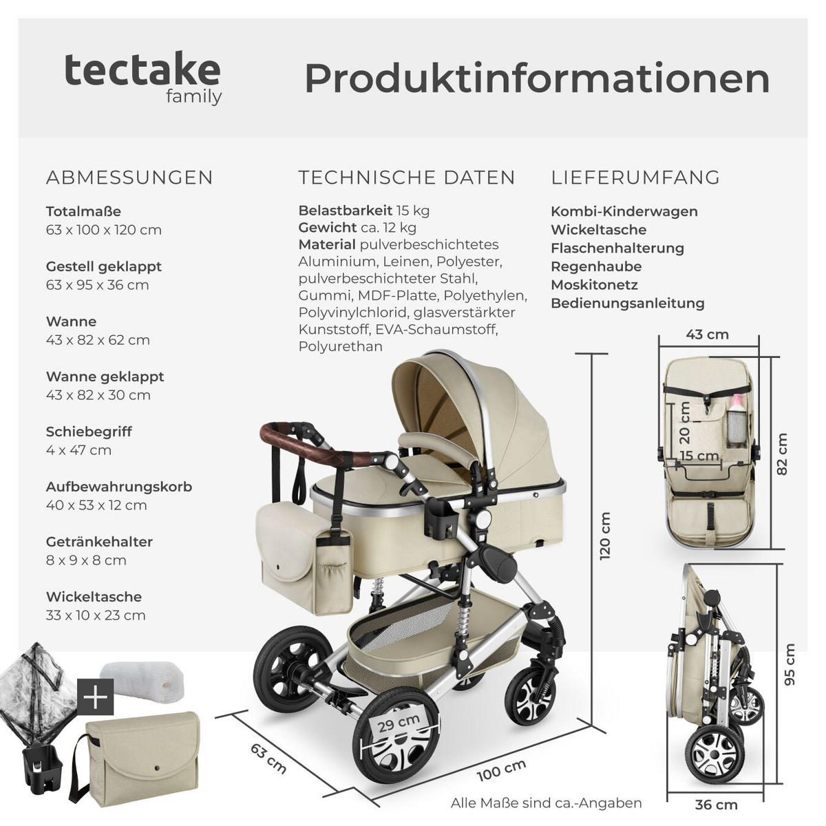 KOMBI-KINDERWAGEN Mats,für 0 bis 36 Monate geeignet, Belastbarkeit 15 kg,grau/beige - Beige/Grau, Kunststoff (100/63/120cm) - tectake