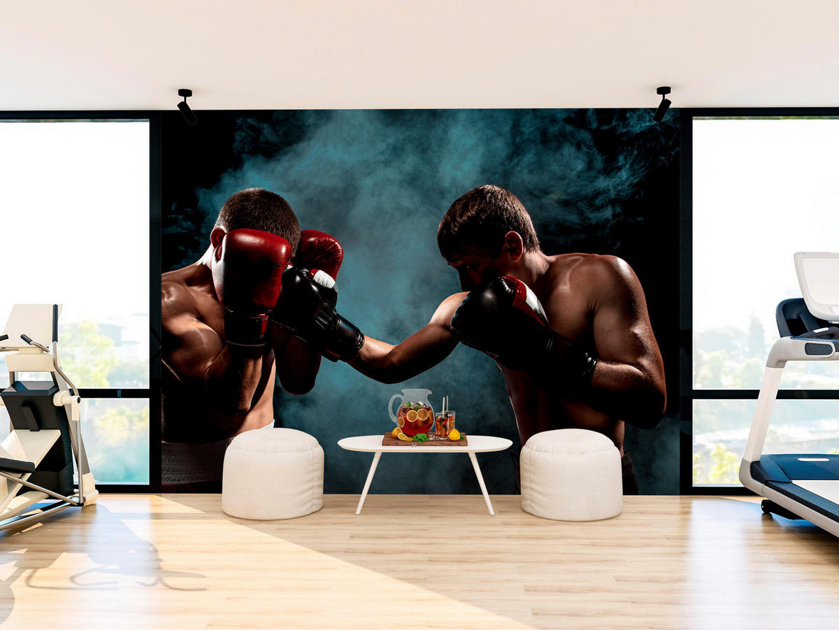 FOTOTAPETE für Jugendzimmer Boxer Männer Training Kampf Rauch 450x315 - Beige/Rot, Papier (450/315cm) - Muralo