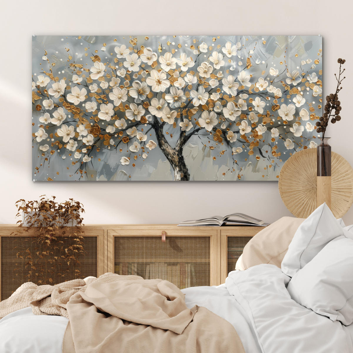 ACRYLGLASBILD Baum - Blumen - Weiß - Natur - Kunst 120x60 cm - Weiß, Glas (120/60cm) - MuchoWow