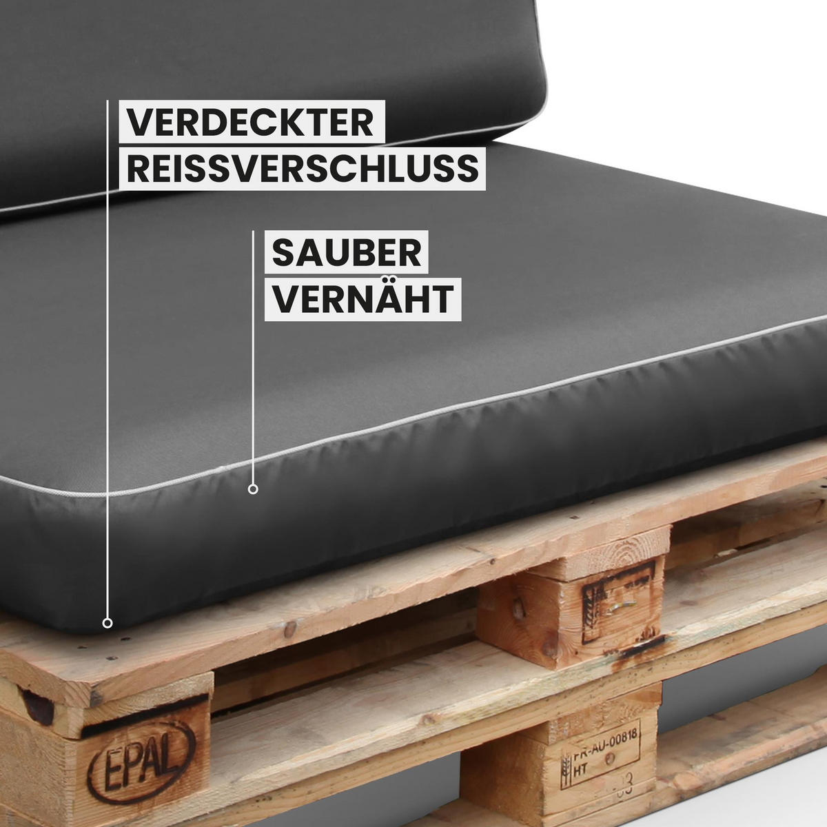 PALETTENKISSEN Set 2-tlg. ( Anthrazit ) - Indoor/Outdoor - 120x80x15 cm + 120x40x15cm - wasserabweisend ( Lotusblüteneffekt ) aufblasbares Innenkissen - Anthrazit, Textil (80/15/120cm) - Arsvita