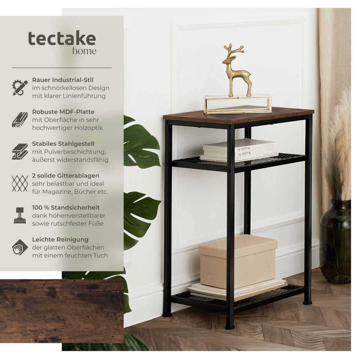 BEISTELLTISCH York,45,5 x 36 x 75,5 cm,Industrial Holz dunkel, rustikal - Rostfarben, Holz (36/45.5/75.5cm) - tectake