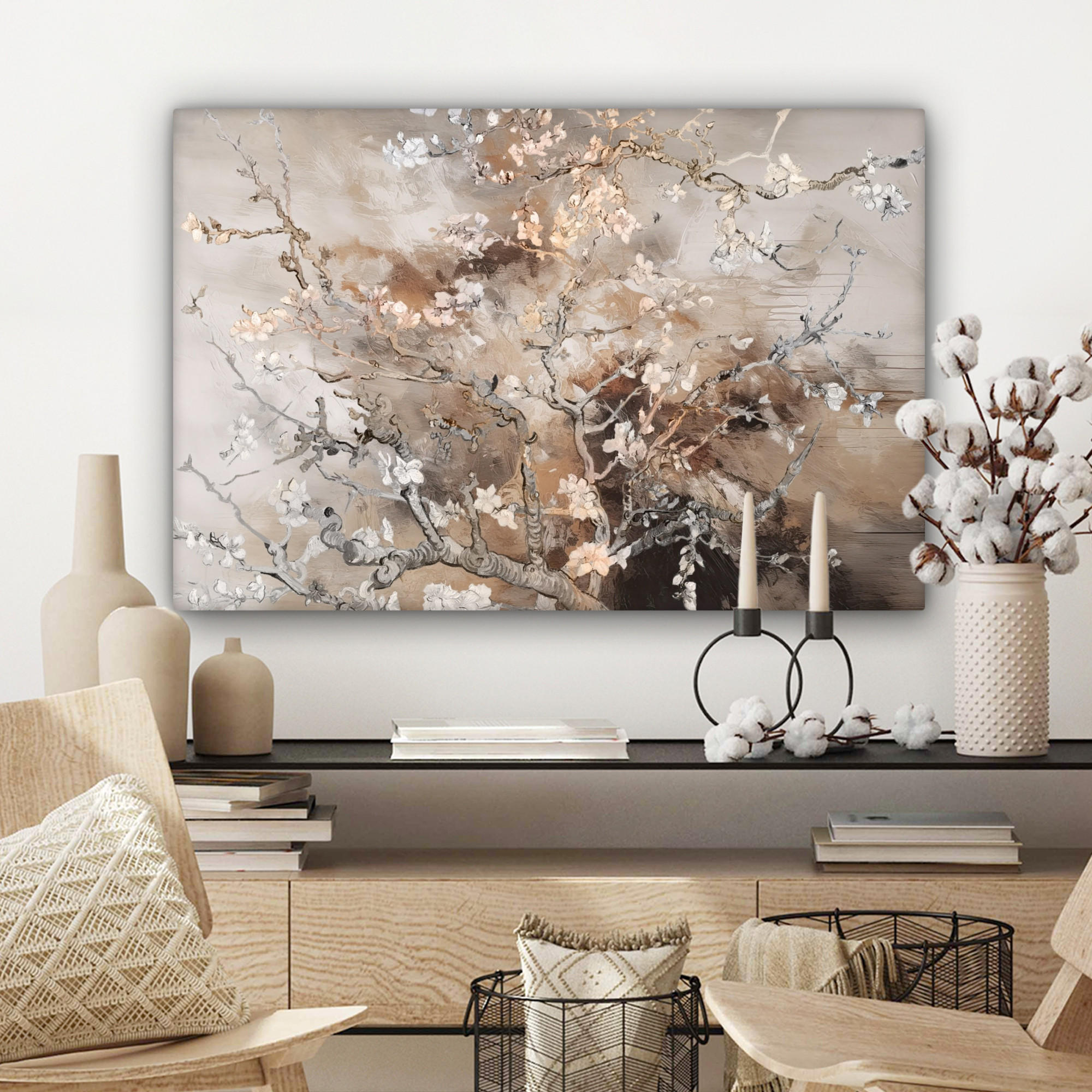 LEINWANDBILD Mandelblüte - Kunst - Van Gogh - Beige - Abstrakt Wanddeko 90x60 cm - Braun, Textil (90/60cm) - MuchoWow