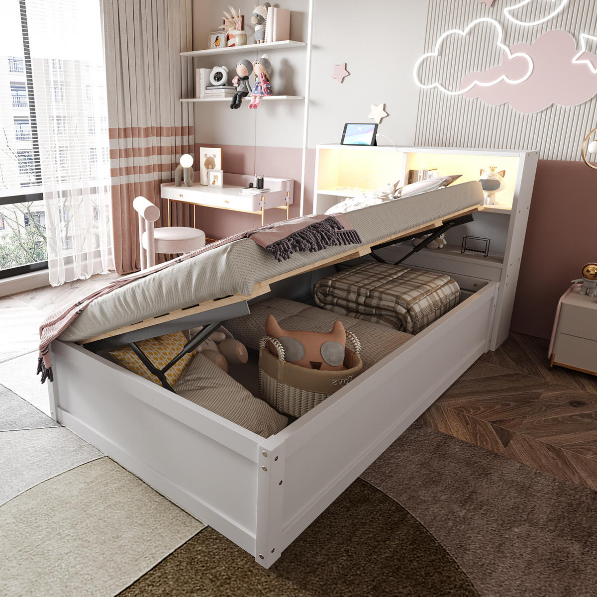 STAURAUMBETT 90/200 cm DE-01385, in Weiß, mit LED, Steckdose und Hydraulik - Weiß, Holz (90/200cm) - ComfortXL