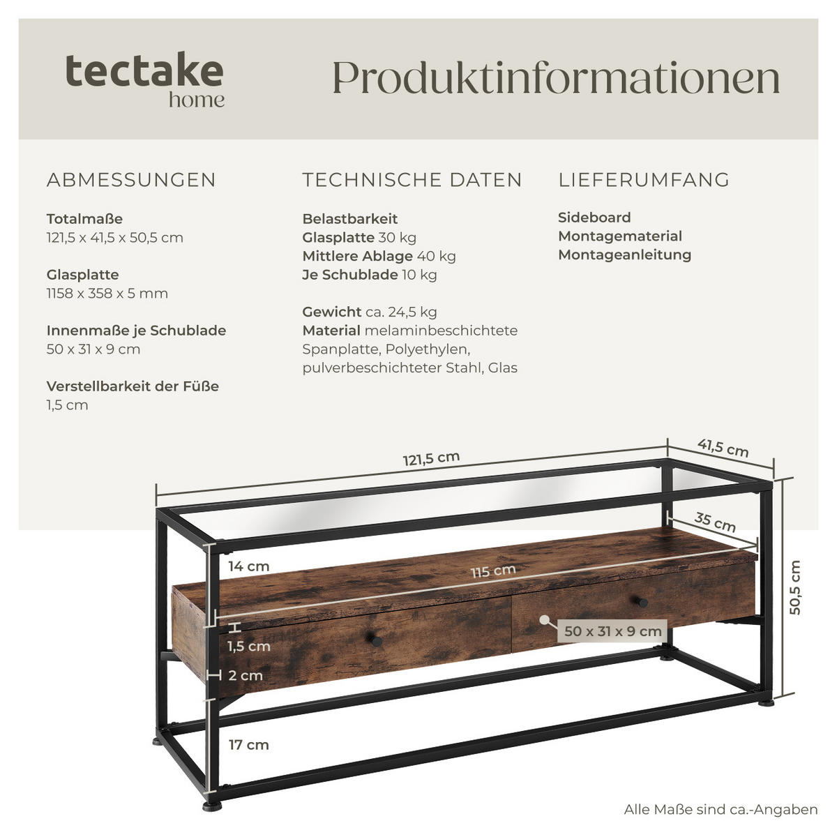 LOWBOARD Maidenhead,121,5 x 41,5 x 50,5 cm,Industrial Holz dunkel, rustikal - Rostfarben, Holzwerkstoff (41.5/50.5/121.5cm) - tectake