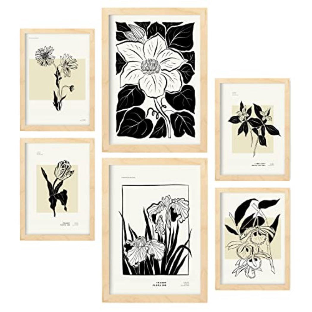 POSTER Set Mit 6 In Schwarzer Tinte Blumen Kunstdrucke Im Skizzenstil Für Innenarchitektur A3 & A4 Rahmen Aus Hellem Holz - Beige, Papier (29/3cm) - Nacnic
