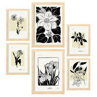 POSTER Set Mit 6 In Schwarzer Tinte Blumen Kunstdrucke Im Skizzenstil Für Innenarchitektur A3 & A4 Rahmen Aus Hellem Holz - Beige, Papier (29/3cm) - Nacnic