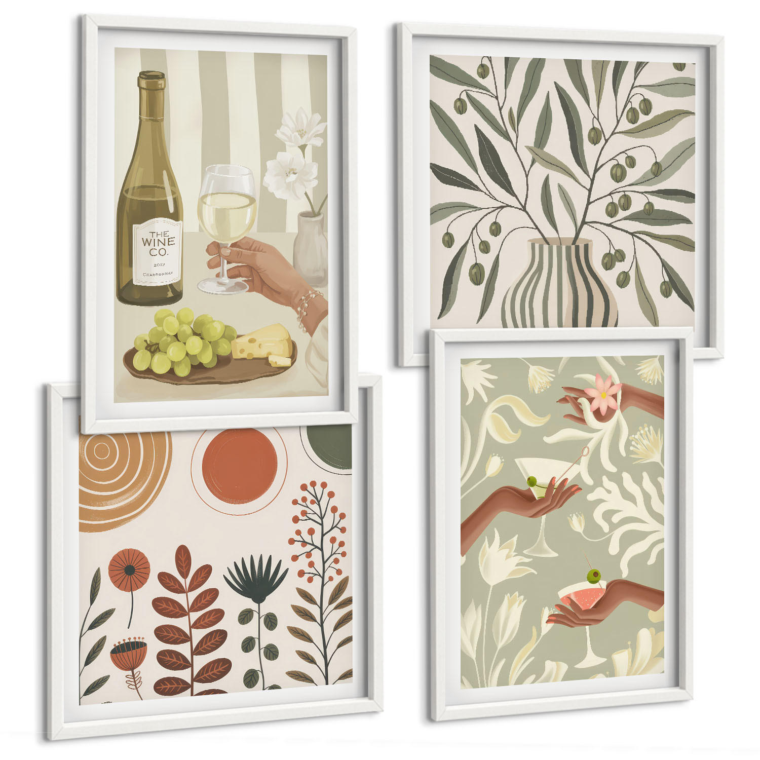 BILDER SET 4er Set - 50x50 cm & 40x60 cm Weißer Rahmen - Rustikale Cocktails mit Olivenblüten - Weiß, Kunststoff (50/50cm) - TULUP
