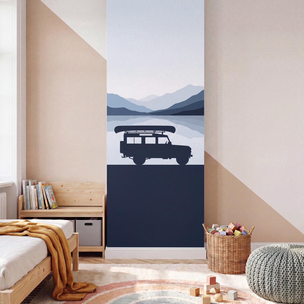 KINDERTAPETE - Auto - See - Berge - Blau - 100x260 cm - Blaugrau, Papier (100/260cm) - OnlyWow