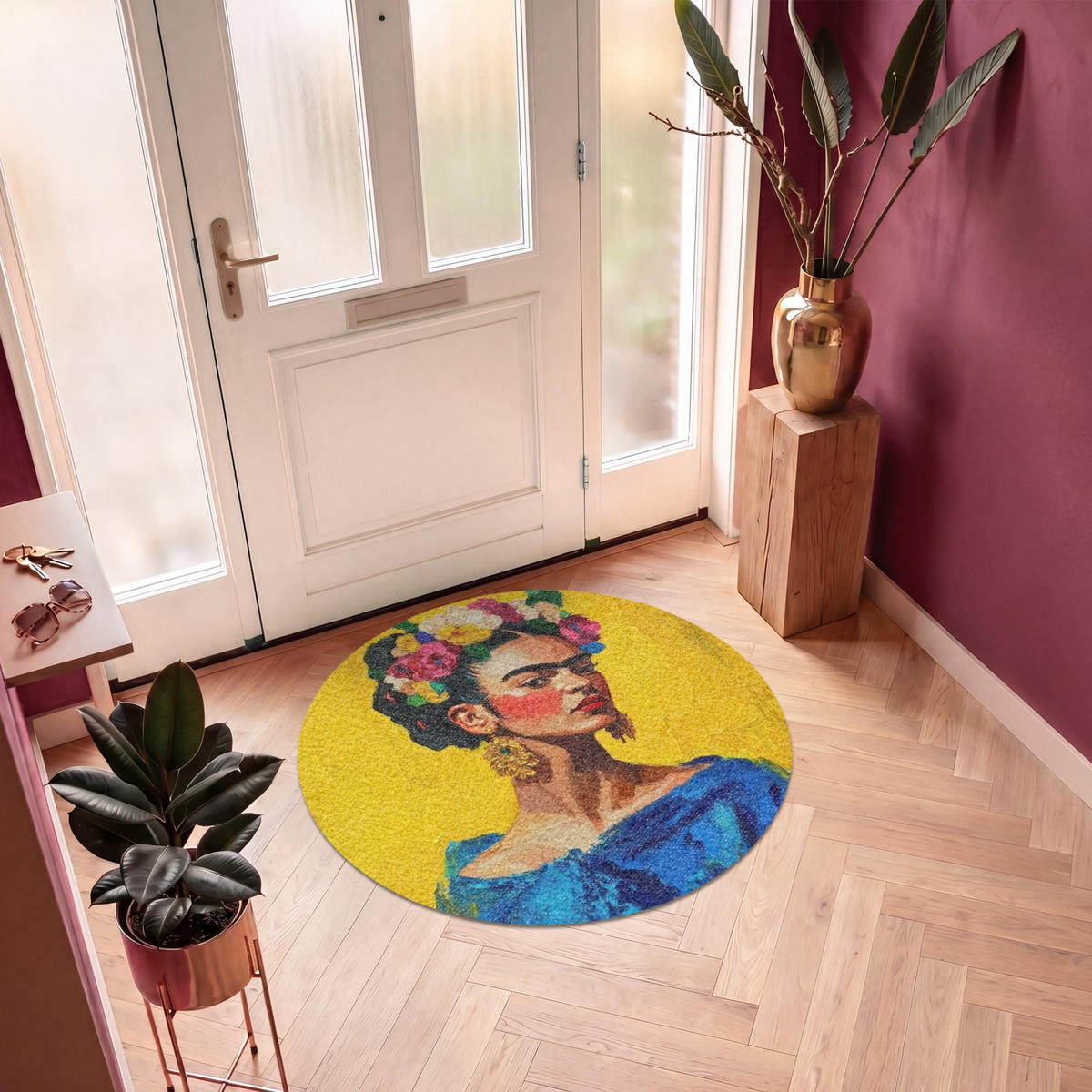 FUSSMATTE Frida Kahlo - Frau - Gelb - Blau - Blumen Schmutzfangmatte 120x120 cm - Gelb, Kunststoff (120/120cm) - MuchoWow
