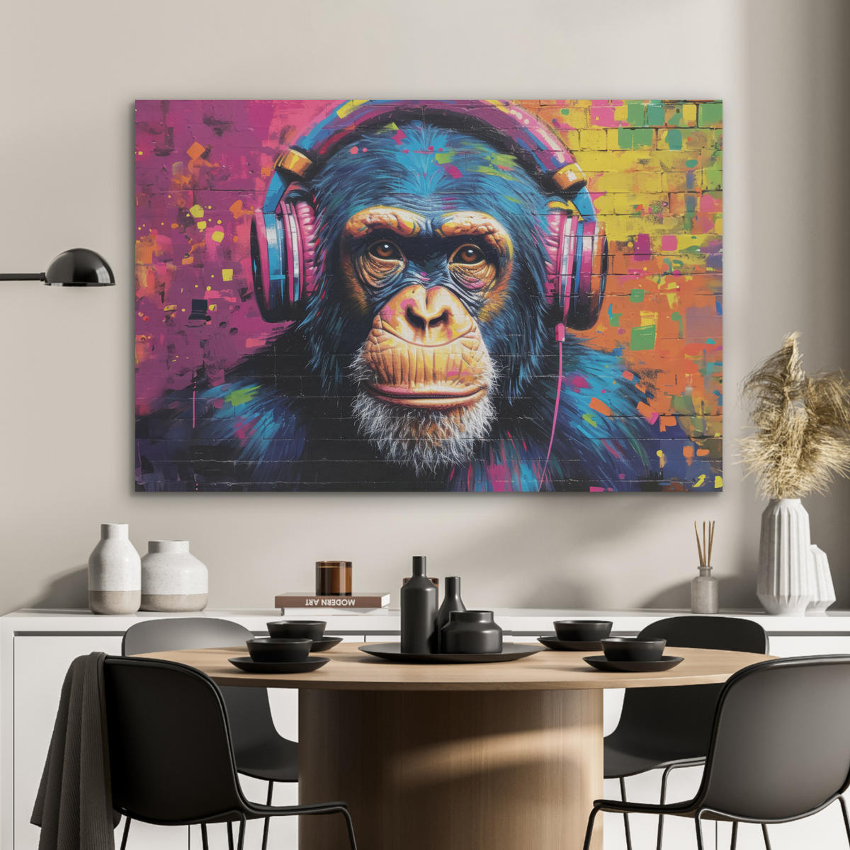 AKUSTIKBILD Graffiti - Schimpanse - Straßenkunst - Kopfhörer - Affe Akustikpaneele 90x60 cm - Blau, Kunststoff (90/60/0.9cm) - MuchoWow