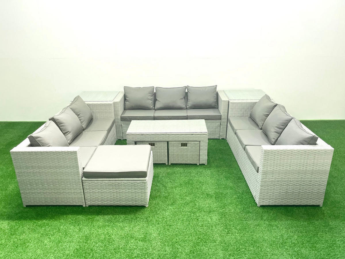 BALKONMÖBEL-SET Polyrattan Hellgrau-Mix 12-teilig - Hellgrau/Grau, Glas/Kunststoff - Fimous