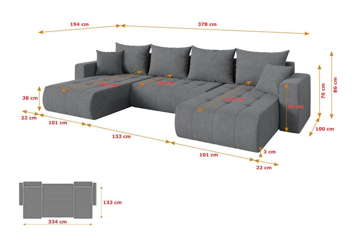SEDACÍ SOUPRAVA DO U s funkcí spaní a úložným prostorem MILA-U 378x194x86 šedá velur - černá/šedohnědá, kompozitní dřevo/textil (378/86/194cm) - ALTDECOR