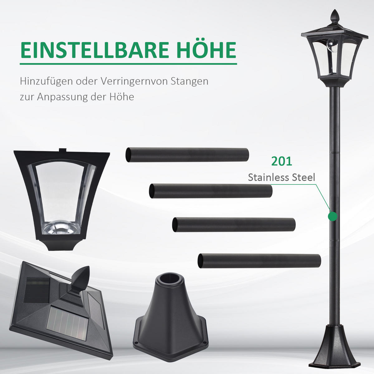 GARTENLATERNE, Schwarz, Edelstahl, Kunststoff - Schwarz, Metall (18/18/160cm) - Outsunny