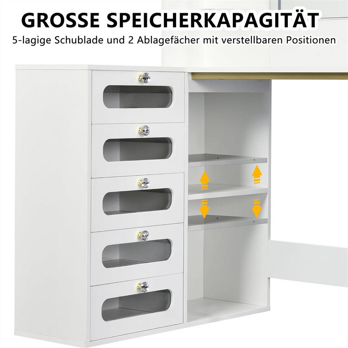 SCHMINKTISCH - Frisiertisch in L-Form mit LED-Beleuchtung - 5 Schubladen und Hocker - Weiß und Gold - Weiß, Holzwerkstoff (80/135/120cm) - DELFA