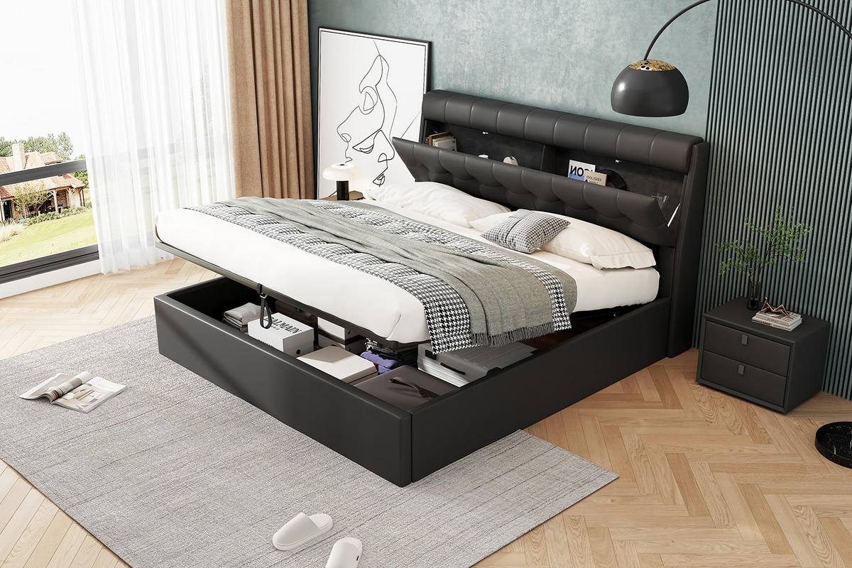POLSTERBETT 180x200cm Schwarz PU Mit Hydraulik & Verdecktem Stauraum - Schwarz, Leder (180/200cm) - FLIEKS