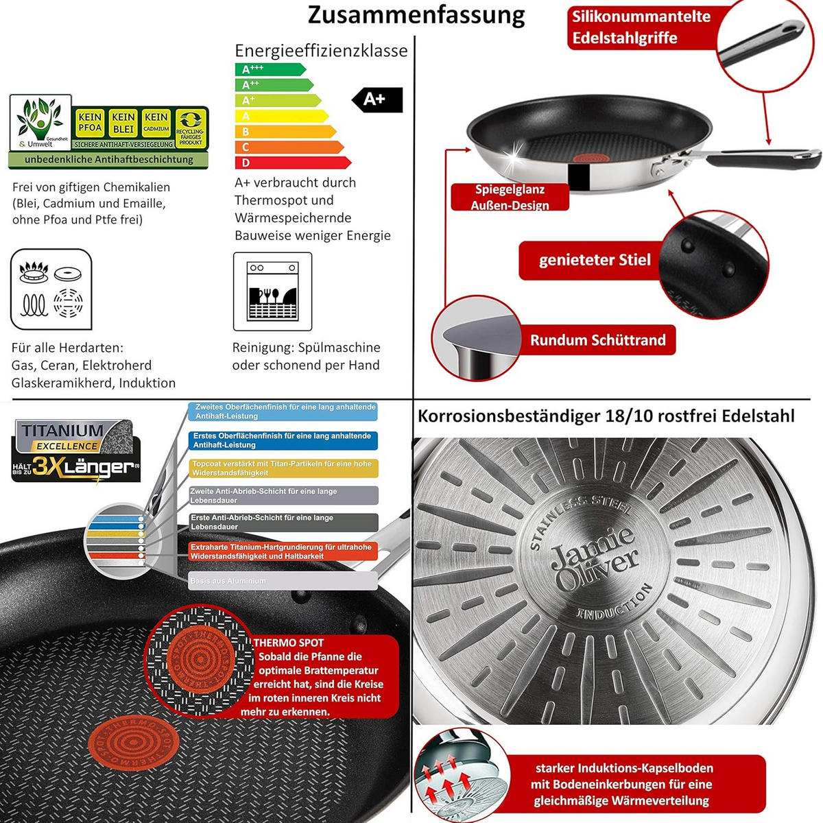 PFANNENSET Edelstahl Jamie Oliver E30 – 9-teiliges Set mit Bratpfanne, Schmorpfanne, Wokpfanne, Pfannenwender & Pfannenschoner - Silberfarben, Metall - Tefal