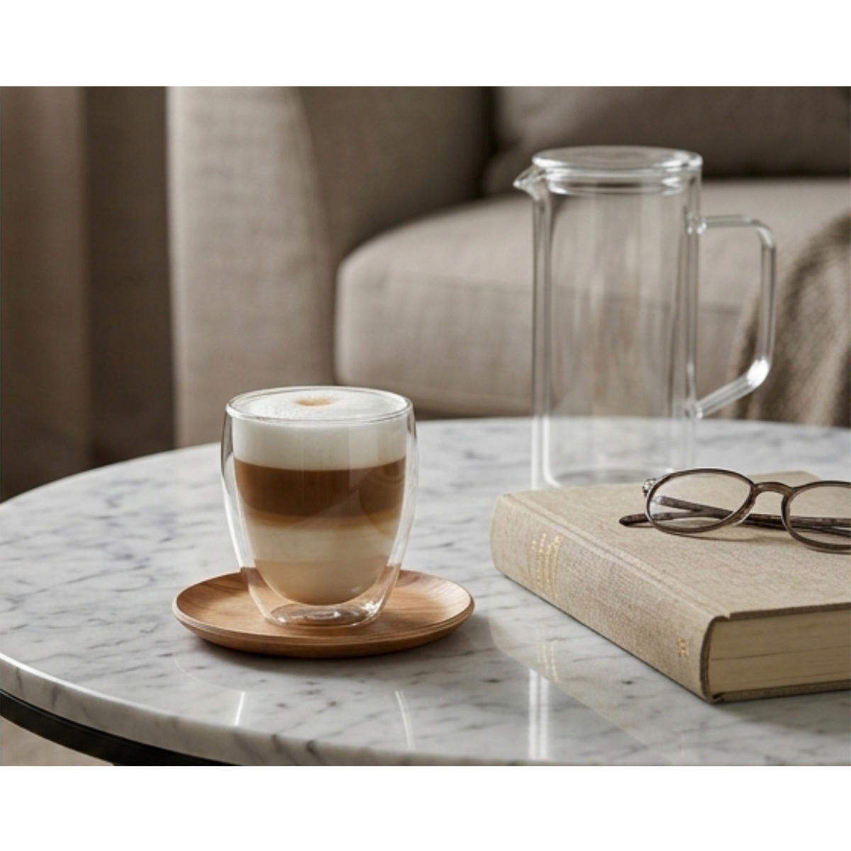 DOPPELWANDIGE GLÄSER mit KARAFFE- Klasique 7er- 250ml, Doppelwand Thermogläser, Gläserset, hitzebeständig Trinkgläser, Schwebeeffekt Doppelwandig - Transparent, Glas - JUNG