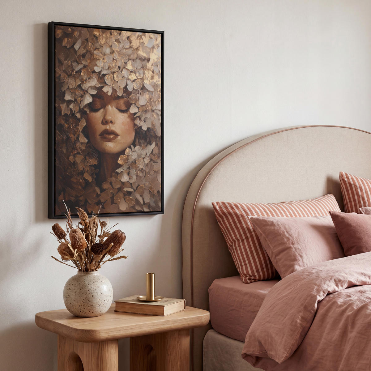 LEINWAND Bilder mit Rahmen - Gesicht - Dame - Blätter - Pinselstriche - 40x60 - Goldfarben, Textil (40/60cm) - MuchoWow