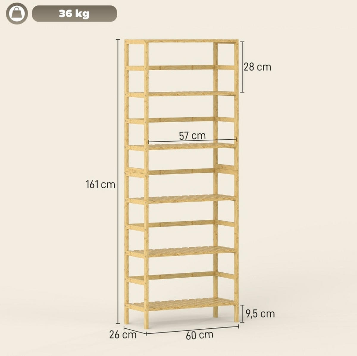 STANDREGAL 60/26/161 cm mit 6 Ebenen, verstellbaren Böden und Kippschutz, Bambus Natur - Naturfarben, Naturmaterialien (60/161/26cm) - Redom