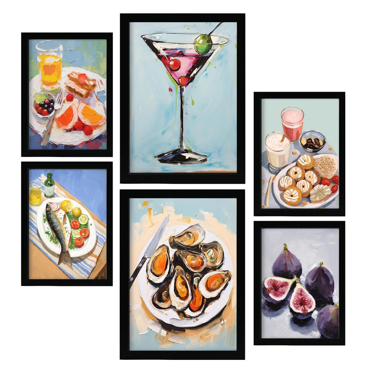 POSTER Set Mit 6 Essen A3 & A4 Schwarzer Rahmen - Schwarz, Papier (29/3cm) - Nacnic