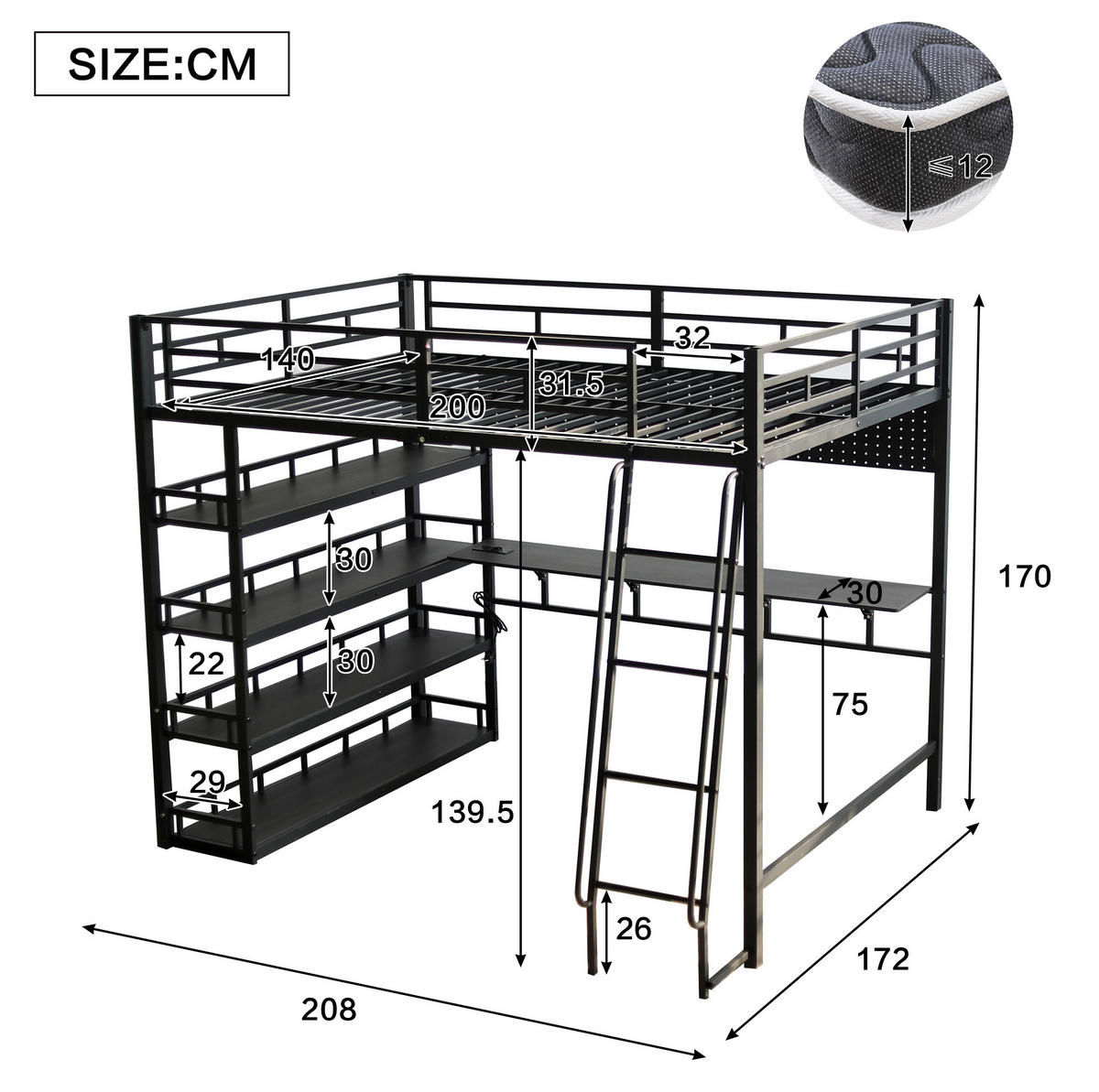 HOCHBETT aus Eisen und Spanplatte 140x200 cm Schwarz mit Stauraum, Ablagen und Ladeanschluss - Schwarz, Metall (140/200cm) - IVMEU