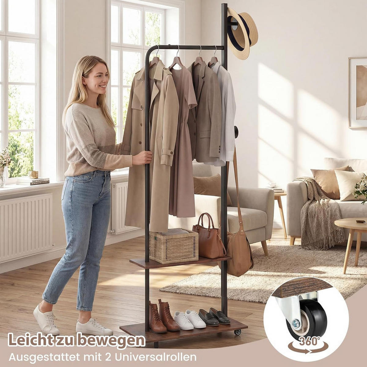 KLEIDERSTÄNDER auf Rollen braun - Braun, Metall (60/175/30cm) - COSTWAY