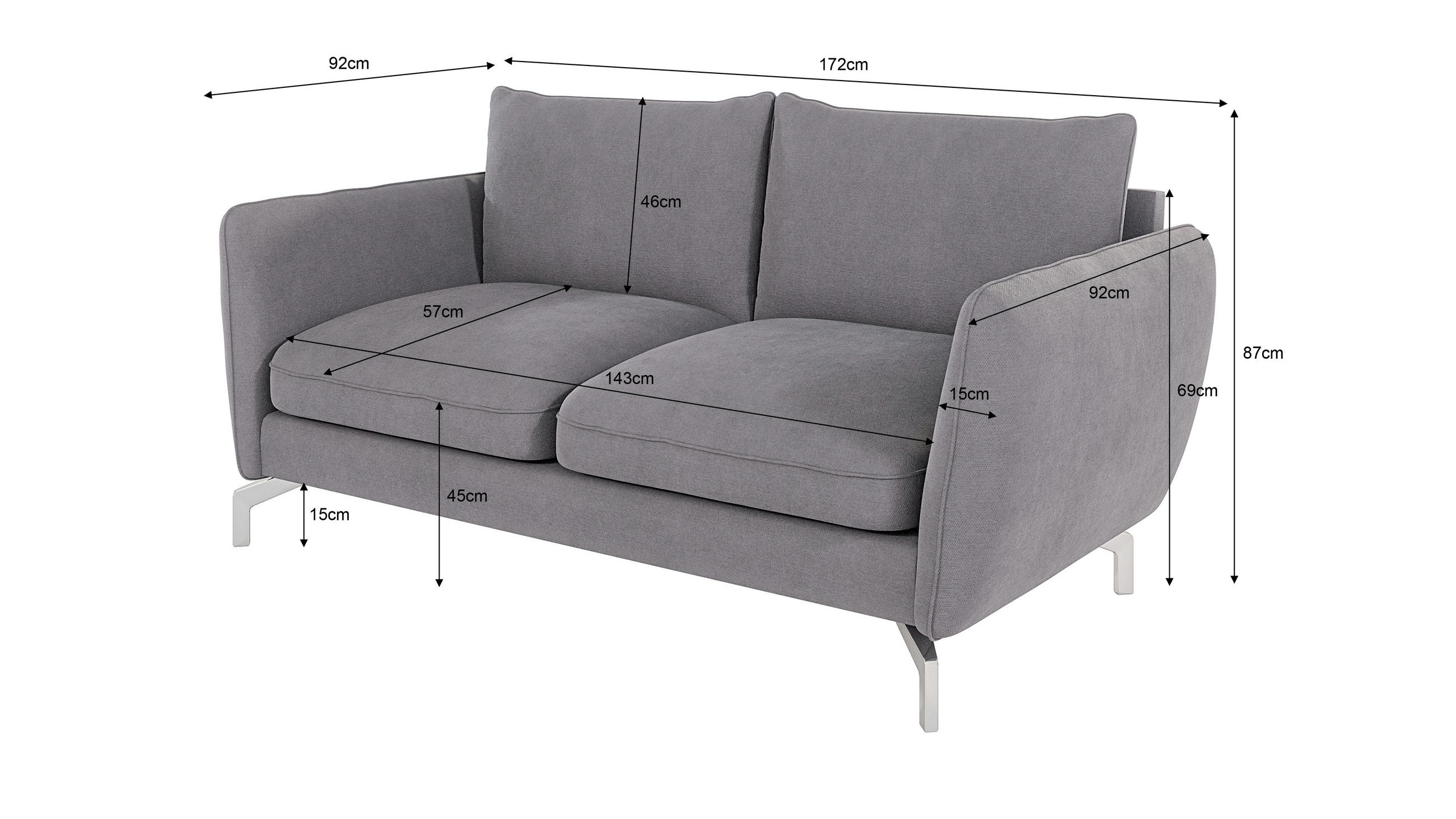Thumbnail - S-Style Möbel 2-Sitzer-Sofa, Grau, Textil, Echtholz,Buche, Birke, Füllung: Silikon,Schaumstoff, 172x87x92 cm, Blauer Eng...
