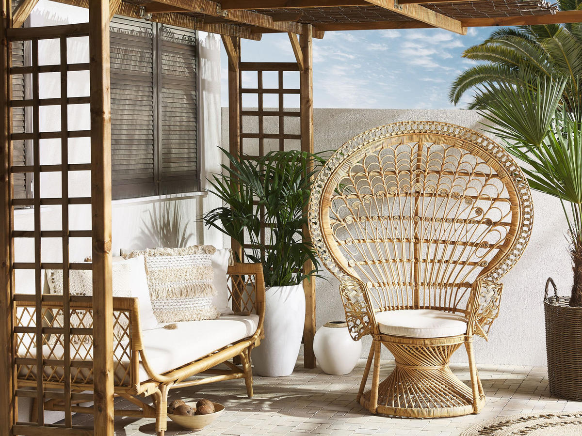 PFAUENSESSEL Rattan/Baumwolle natürlich Emmanuelle - Beige/Naturfarben, Naturmaterialien/Textil (120/150/50cm) - Beliani