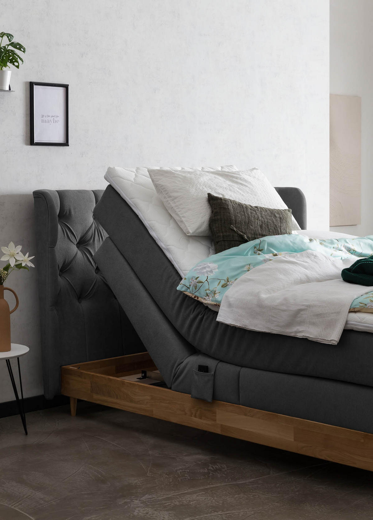 BOXSPRINGBETT ELEKTRISCH VERSTELLBAR EON 160x200 Anthrazit H2 und H3 Bett mit Motor 7-Zonen TFK Matratze inkl. Visco Topper Motorbett mit Eiche - Anthrazit, Textil (160/200cm) - Belanoti